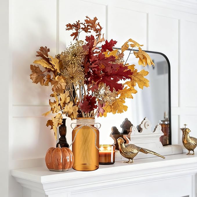 Vintage Glass Flower Vase，6 Pack Farmhouse Amber Gold Glass Centerpiece Vases Mason Jars for Christmas Weddings, Parties & Home Decor Bulk (6, Amber)