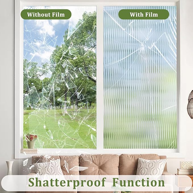 Beautyhero Window Privacy Film, Frosted Reeded Glass Cling, 3D Decorative Coverings with UV Blocking, Adhesive Stickers for Bathroom Doors Cabinet