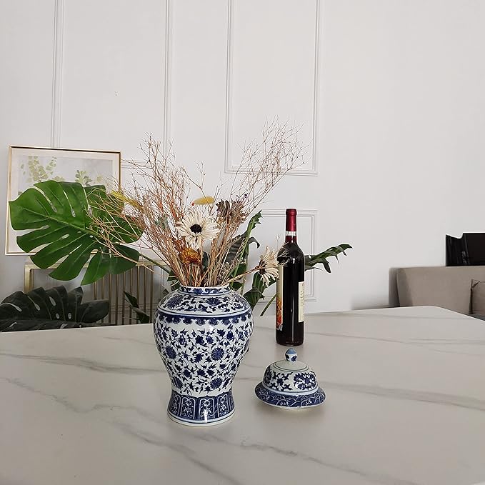 Chinese Decorative Ceramic Temple Jar Traditional Oriental Blue and White Porcelain Ginger Jar Vase with Lid,H12.20 inch