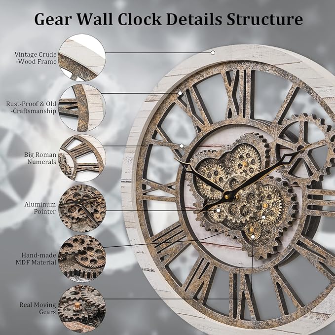 HOIBAI Large Wall Clock, Wall Clocks for Living Room Decor 20 Inch Farmhouse Vintage Rustic Kitchen Wall Decor Vintage Roman Oversized Wall Clock for Home Bedroom House Office, Moving Gears Clock