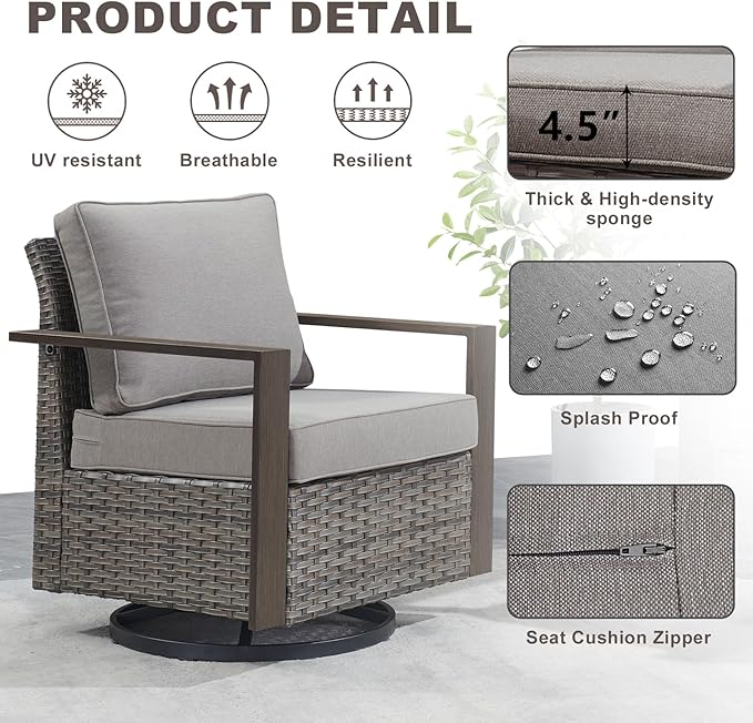 Outdoor Patio Swivel Rocker Chairs - Wicker Rattan Patio Swivel Rocking Chairs Set of 2 with Metal Wide Armrest, Thick Cushions and Deep Seating for Deck Porch Sunroom Garden(Mixed Grey/Grey)