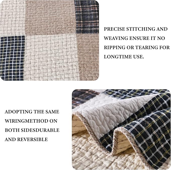 Y-PLWOMEN Quilts Queen Size, 100% Cotton Queen Quilt Set, Brown Khaki Black White Patchwork Plaid Queen Size Bedspread, Lightweight Reversible Soft Summer Quilt Bedding Set, 3-Pieces