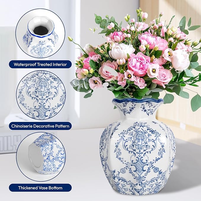 Chinoiserie Vase,6 inch Blue and White Vase,Vintage Ceramic Vases,Flower Vase for Centerpiece,Chinese Cute Vases for Living Room, Office,Home Decor (Blue White, Small)