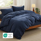 Bedsure Duvet Cover Queen Size with Fitted Sheet - 4 Pieces Prewashed Cotton-Like Extra Soft Bedding Set, Includes 1 Duvet Cover 90x90 Inches with Zipper Closure, 2 Pillow Shams, 1 Fitted Sheet, Navy