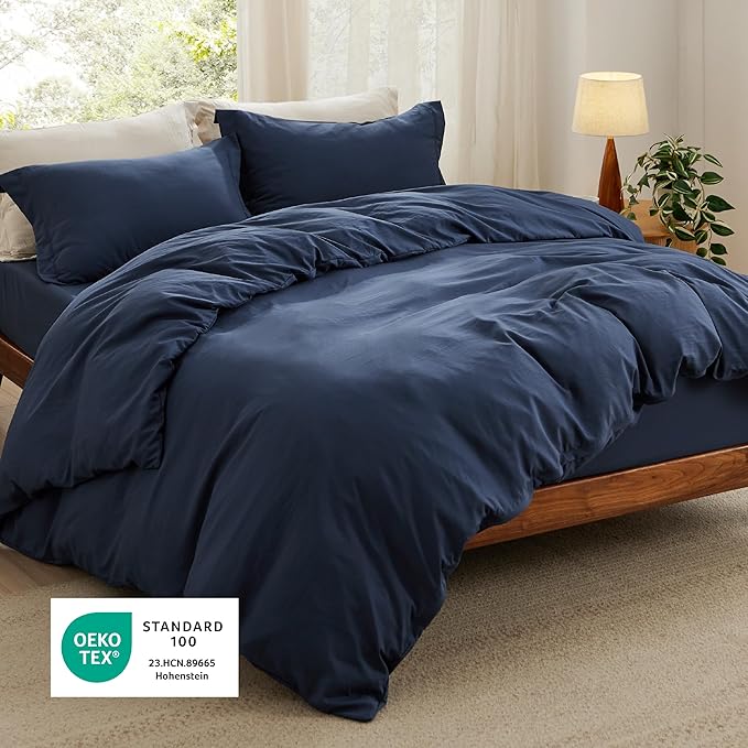 Bedsure Duvet Cover King Size with Fitted Sheet - 4 Pieces Prewashed Cotton-Like Extra Soft Bedding Set, Includes 1 Duvet Cover 104x90 Inches with Zipper Closure, 2 Pillow Shams, 1 Fitted Sheet, Navy