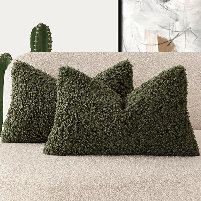 Foindtower Set of 2 Curly Teddy Wool Pillow Covers Decorative Boucle Textured Lumbar Throw Pillow Faux Fur Sherpa Pillowcases Sheepskin Fuzzy Cushion Case for Sofa Bedroom Car 12"x20" Olive Green