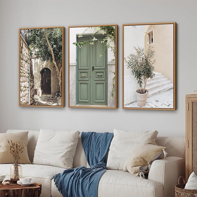SIGNINART Large Vintage Italy City Landscape Framed Canvas Wall Art Set, Rustic Olive Green Tree Wall Decor, Modern Minimalist French Farmhouse Art Print for Living Room,Bedroom,Office 24"x36"x3