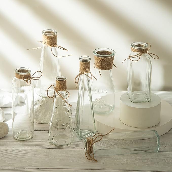 Flowers Vases Set of 10, Small Clear Glass Vases with Rope Design and Differing Unique Shapes Flower Vase for Home Holiday Decoration