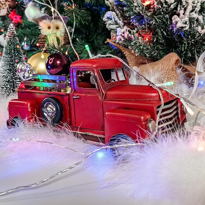 Berfutall-11'' Iron Classic Red Truck Pick-up Model Collectible Vehicle Decoration, Metal Truck Christmas Decor ，Unique Blend of Vintage, Rustic, Farmhouse Truck Decor for Table Top Decor. (A)