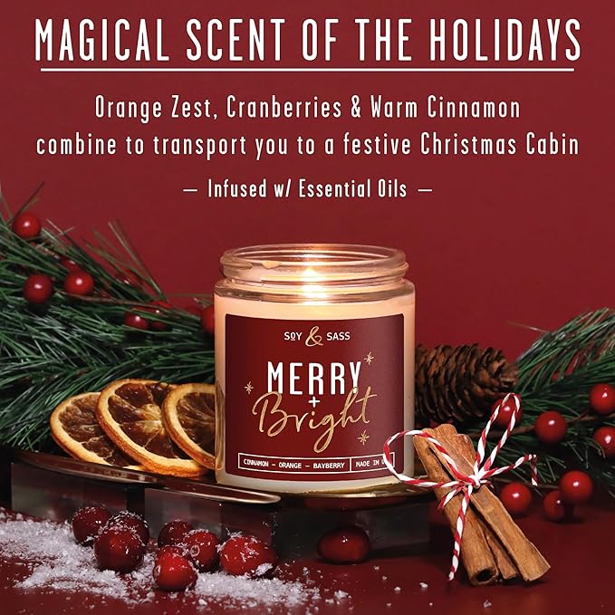 Christmas Candles Scented – ‘Merry & Bright’ Soy Christmas Candle, w/Cranberries, Cinnamon & Orange - Infused with Essential Oils I Holiday Candles I 9oz, 50Hr, Made in USA