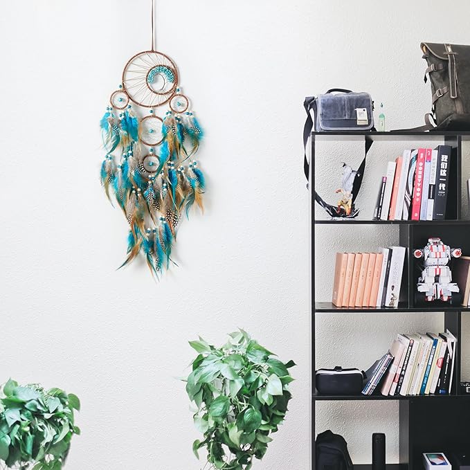 Pretty Jolly Brown Blue Feather Large Dream Catchers Wall Decor with Chakras Tree of Life Crystal Stone Ornament Handmade Dreamcatchers for Adult Boys Girls Bedroom Party Birthday Bless Gift-5Rings