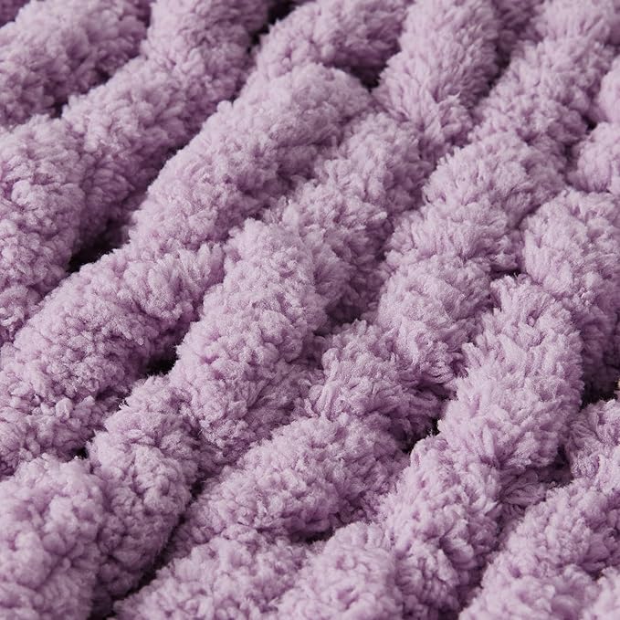 WESHIONGOO Chunky Knit Blanket Throw 50"×60" Knitted Throw Blankets for Couch Bed Fluffy Soft Blanket with Jumbo Chenille Yarn Thick 100% Handmade(Lilac)