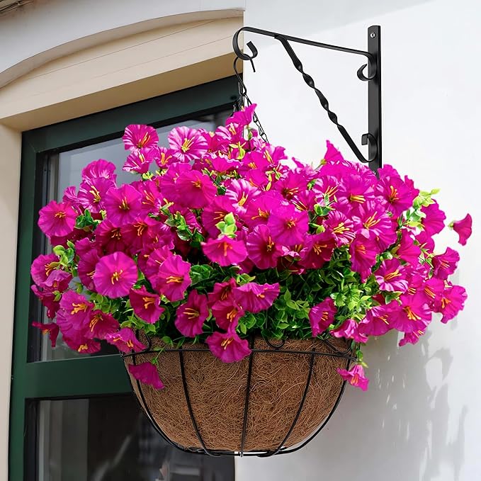 Artificial Flowers for Outdoors Spring Summer Decoration, 16 Bundles Fake Silk Realistic Morning Glory UV Resistant Faux Plastic Plants for Planter Front Door Porch Patio Yard (Fuchsia)