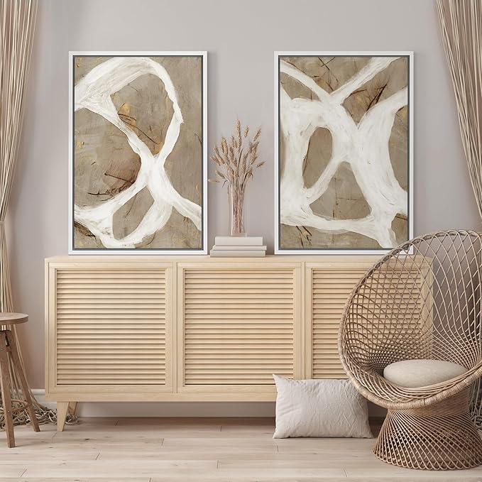 SIGNFORD Framed Canvas Print Wall Art Set Abstract White and Beige Brushstrokes on Neutral Illustrations Modern Art Decorative Bohemian for Living Room, Bedroom, Office - 16"x24"x2 White