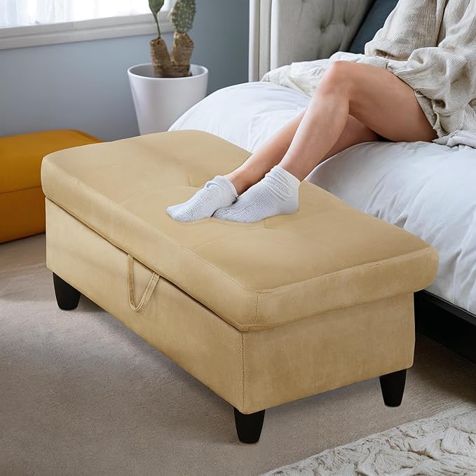 Ottoman Rectangular Storage Ottoman Bench, Flannel Footrest Stool Footstool with Lid for Living Room, Bedroom, Entryway, Light Brown, 28.5"x19"x17.5"