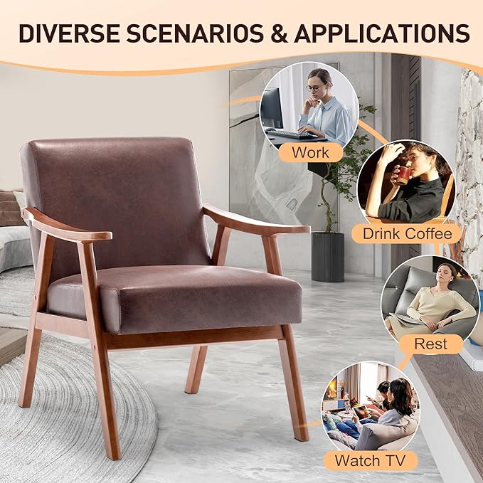 Furnimart Brown Accent Chair, Mid Century Modern Living Room Chair with Wood Frame, Comfy Armchair Wingback Chair for Office Study Vanity Bedroom Waiting Room, Faux Leather Fabric