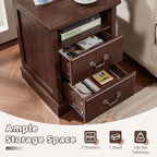 Farmhouse Nightstands with Charging Station，18" End Table with 2 Drawers，Farmhouse Nightstand with Vintage Handles, Bedside Cabinet for Bedroom for Bedroom, Living Room,Walnut