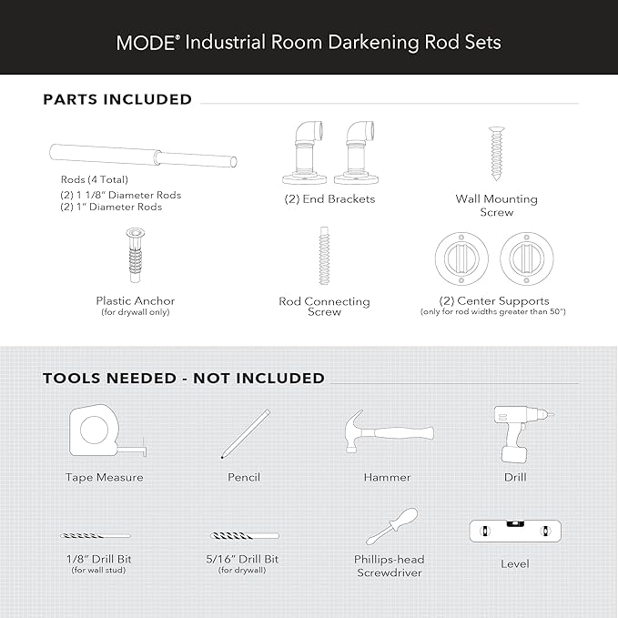 MODE Industrial Room Darkening Collection 1 1/8" Diameter Industrial Curtain Rod Set with Steel Wall Mounted Adjustable Curtain Rod, Blocks Light, Fits 72” to 144” Windows, Brushed Gold