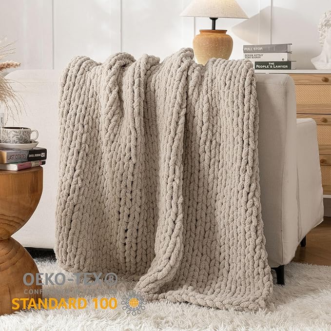 Chunky Knit Blanket Throw, 100% Hand Knit Throw Blanket Handmade Chenille Cable Knit Throw for Couch, Stylish Cozy Soft Rope Knot Crochet Blanket for Home Decor, Beige Linen, 50x60 Inches