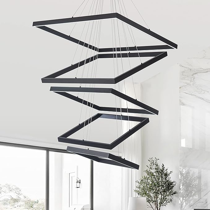 Square Led Chandelier Modern Led Hanging Light 5-Rings Contemporary Ceiling Pendant Light Dimmable Pendant Light for Living Room Kitchen Dining Room 15.7"+19.6"+23.6"+27.5"+31.4" Black