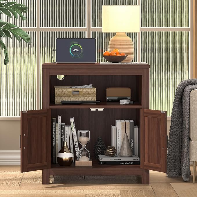 Farmhouse End Table with Charging Station, 24" Large Side Table with Open Shelf and Storage Cabinet, Wood Square Bedside Table Nightstand for Living Room, Bedroom (Espresso)