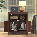 Farmhouse End Table with Charging Station, 24" Large Side Table with Open Shelf and Storage Cabinet, Wood Square Bedside Table Nightstand for Living Room, Bedroom (Espresso)