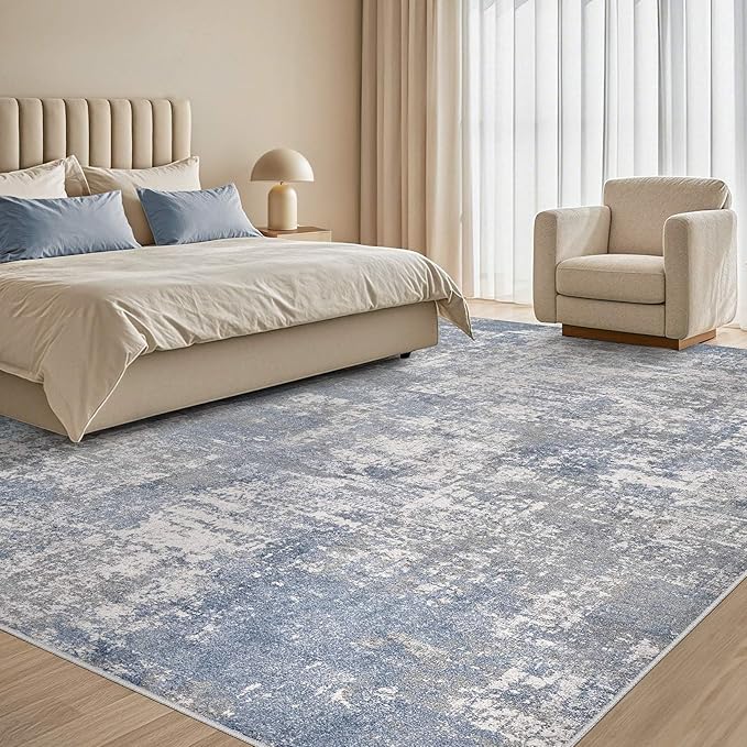 Tortania Washable 5x8 Area Rug for Living Room: Modern Abstract Neutral Large Soft Thin Rugs - Non Slip Indoor Carpet for Bedroom Dining Room Office Nursery Home Floor Decoration - Blue Grey