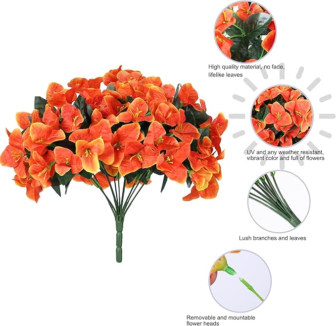 Ivydale Artificial Fall Flowers for Outdoors, 4 Bundles Fake Bougainvillea Flower Realistic Silk Flowers for Outside, Faux Fall Flowers for Outdoor Planters Patio Porch Home Decorations, Orange