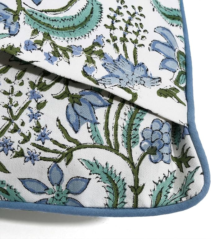 Ridhi Columbia Blue Block Print Cotton Throw Pillow Covers for Decorative Couch Pillows for Living Room, Chic Boho Cute Outdoor Valentine Pillows Covers Gifts 20x20 Inches