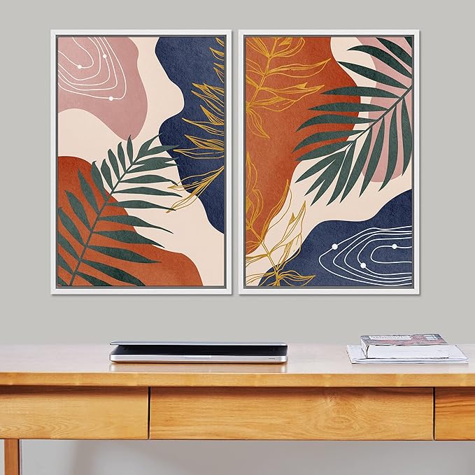 SIGNFORD Framed Canvas Print Wall Art Set Retro Mid-Century Geometric Forest Plants Abstract Shapes Illustrations Modern Art Decorative Bohemian for Living Room, Bedroom, Office - 24"x36"x2 White
