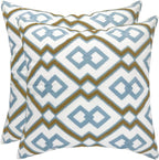 Alysheer Embroidered Decorative Throw Pillow Cover 18"x 18" Set of 2, Classic Boho Geometric Embroidery Pattern Cotton Rectangular Cushion Case for Sofa Couch Living Room Bedroom (Blue Khaki)