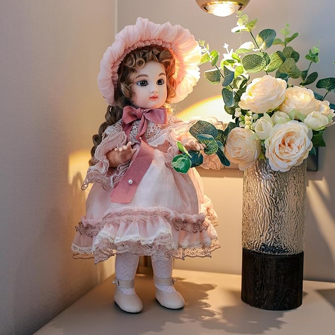 16-Inch BJD Vinyl Bisque Doll, Scale Poseable Vintage Court Doll with Victorian Dress, Collectible Doll with Gift Box for Display, Decoration, Birthday Gift Name Porcelosia (Pink)