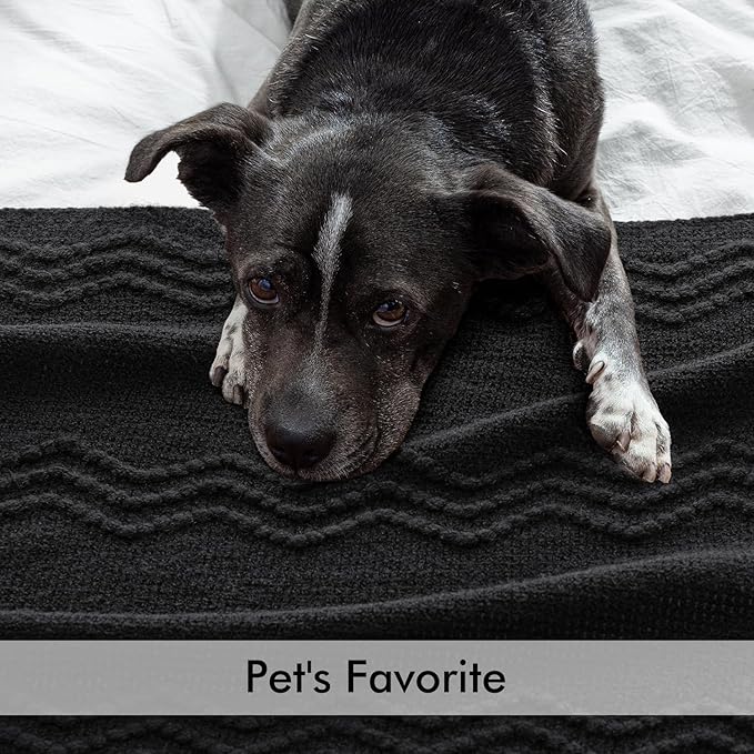 MIULEE Black Knitted Throw Blanket for Couch Textured Knit Blanket with Tassels Cozy Woven Boho Bed Blanket for Sofa Bed Chair Acrylic Wave Pattern 50"x60"