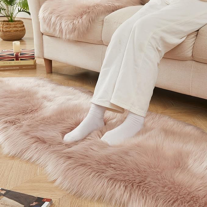AMTOVO Faux Sheepskin Rug, Pink Ultra Soft Fluffy Shag Area Rug, 2 x 6 ft Faux Fur Rug for Bedroom Sofa Throw Cushion Room Decor, Sheepskin