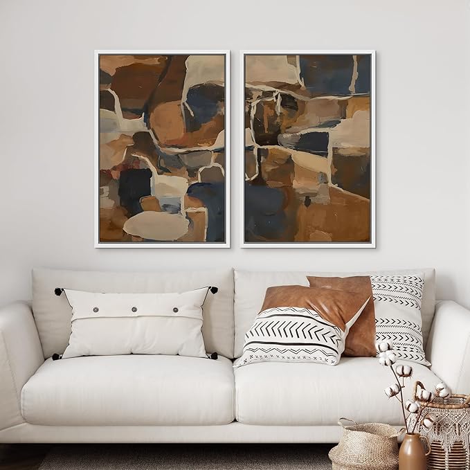 SIGNFORD Framed Canvas Print Wall Art Set Earthy Tones Abstract Layers Modern Brown and Blue Color Block Illustrations Modern Art Decorative for Living Room, Bedroom, Office - 16"x24"x2 White