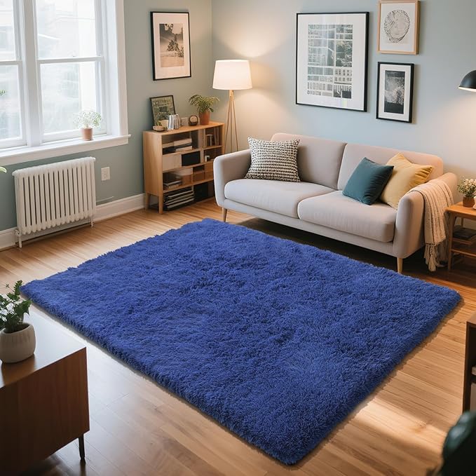 Blue Fluffy Rug Shaggy Area Rug, 4x6 Area Rugs for Girls Bedroom, Soft Cute Baby Play Mat, Indoor Floor Carpet for Teen, Nursery, Preppy Dorm, Plush Aesthetic Bedside Rug