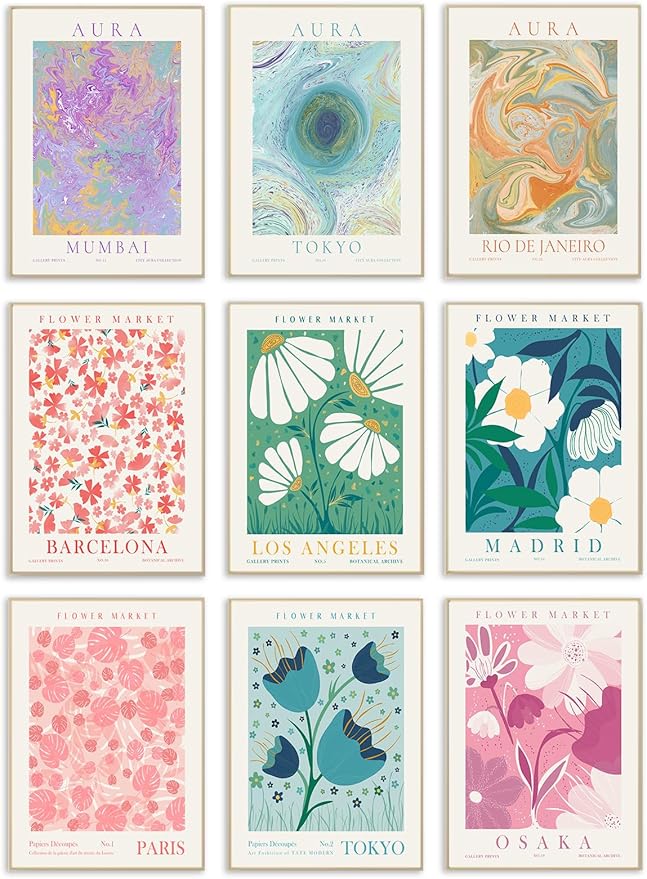 Flower Market Poster, Minimalist Floral Flower Market Wall Art, Colorful Abstract Aura Posters for Room Aesthetic, Aura Gradient Spiritual Affirmation Canvas Art Prints for Bedroom Boho Wall Decor（8x10inch, Unframed)