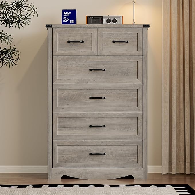 Tall 6-Drawer Dresser for Bedroom, Modern Wooden Chest of Drawers with Metal Handles, Anti-Tipping Design, Sturdy and Stable Storage Organizer for Living Room, Entryway, Home Office, Standard