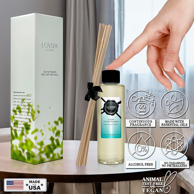 LOVSPA Clean Cotton Blossom Diffuser Oil - Luxury Essential Oils for Diffuser Refill & Air Freshener Room Spray - Long-Lasting & Natural Home Fragrance, Scented Oil for Diffusers, USA Made, 4oz