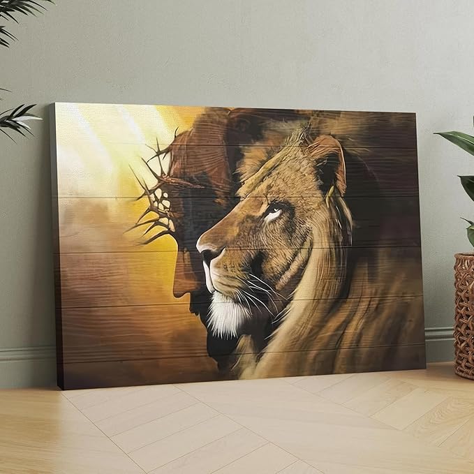 Fantasy Artists Framed Jesus Christ Canvas Wall Art The Lion of Judah Christian Painting Prints Biblical Wall Decor Religious Room Decor for Church Prayer Room Christian Schools Hospitals 12" x 16"