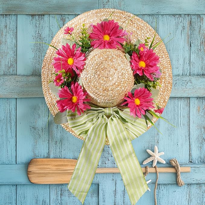 Dilicoming Spring Wreaths for Front Door - 16 Inch Spring Summer Hat Wreath with Artificial Flower, Gift for Women, Indoor Outdoor Wreaths for Wall, Window, Farmhouse, Party, Holiday Home Décor