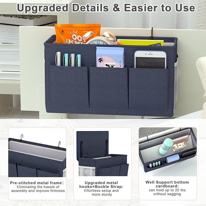 Dual-purpose Bedside Caddy Bedside Organizer, Bed Caddy with 6 Pockets, Versatile Bedside Storage Solution Magazine Remotes holder, ideal for Home, Dorm, Hospital, Crib Bed (Navy 2pcs)