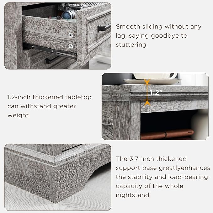 ACCOHOHO 18" Farmhouse Nightstand Set of 2 with Charging Station,End Table with 2 Drawers Storage,Side Table,Bedside Cabinet for Bedroom,Living Room, Grey