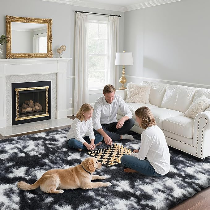 Fluffy Rug Shaggy Area Rug, Mottling Black 6x9 Area Rugs for Living Room, Large Shag Area Rugs for Bedroom Kids Room Home Decor, Upgrade Anti-Skid Rectangular Fuzzy Rugs
