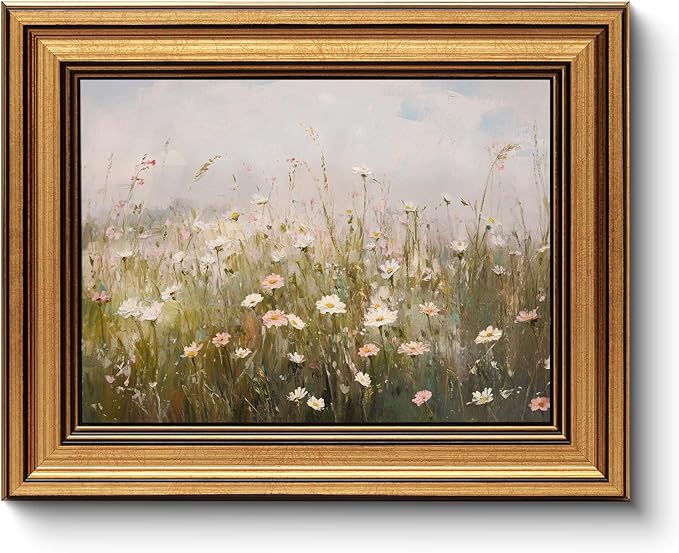 HUARCEY Gold Framed Vintage Wall Art for Living Room Wildflower Field Landscape Decor Aesthetic Mother Day Gift for Mom Oil Painting Flower Wall Print Floral Pictures Canvas Artwork Shelf Decor 8x10in