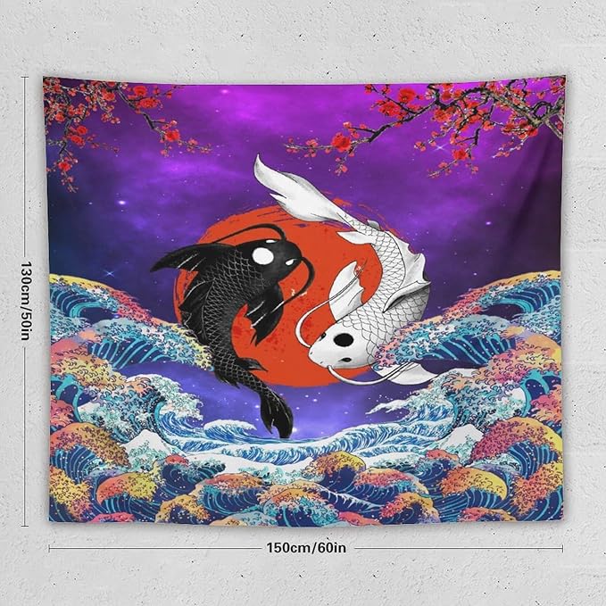 Houselerax Japanese Koi Fish Tapestry, Yin Yang Big Wave Cherry Blossom Tapestries Wall Hanging for Bedroom Living Room Office Decor 60"x50"
