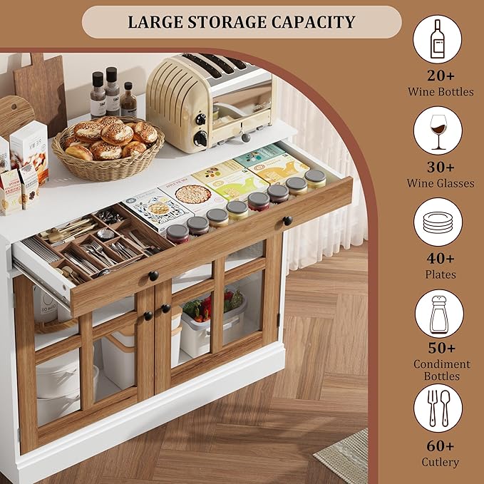 GarveeHome 35.4 in Sideboard Buffet Cabinets with Glass Door, Buffet Cabinet with Storage, White&Brown Sideboard Cabinet with Drawer, Modern Buffets & Sideboards for Dining Room, Kitchen