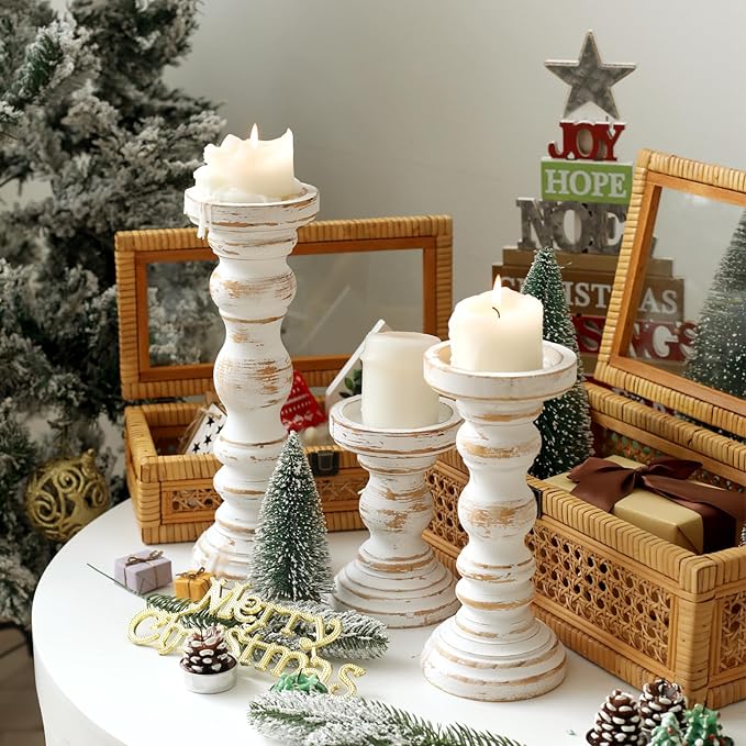 SWALLOWLIVING Rustic Farmhouse Wood Pillar Candle Holder Set of 3 for Candlestick, White