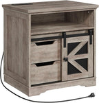 Farmhouse End Table with Charging Station, Sofa Side Table with 2 Drawers and Barn Door, Rustic Wooden Nightstand Bedside Table for Bedroom, Living Room, Greige
