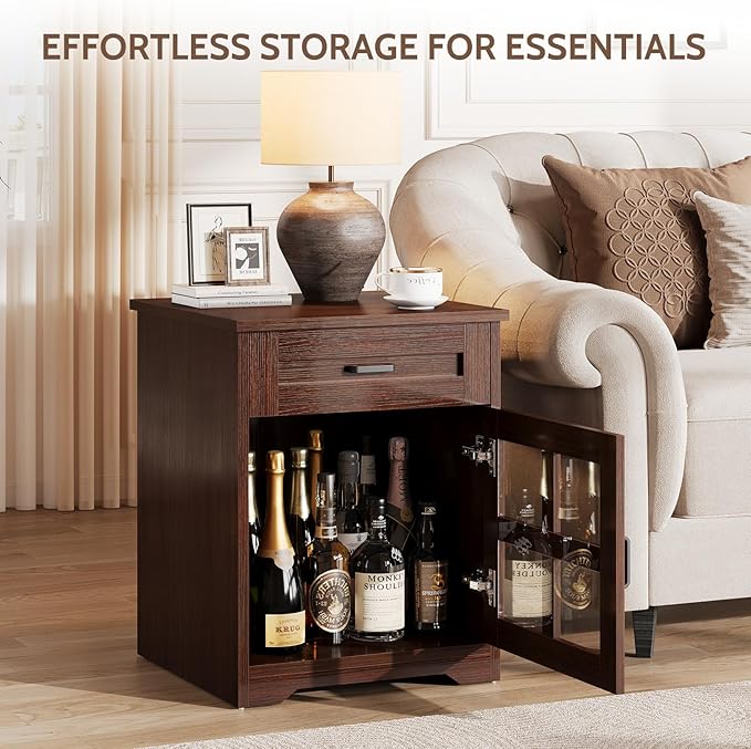 Farmhouse End Table Set of 2 with Drawer, 18" Large Side Table with Storage Cabinet and Acrylic Door, Wood Nightstand Bedside Table for Living Room, Bedroom, Espresso